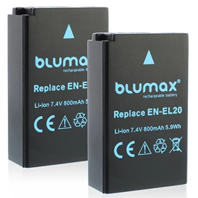 Abbildung von 2X Blumax EN EL20 Akku kompatibel mit Nikon DL 24 500 1 AW1 J1 J2 J3 S1 V3 COOLPIX A Blackmagic Pocket Cinema 800mAh 7,4V 5,9Wh