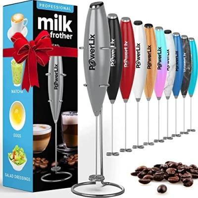 Abbildung von PowerLix Milchaufschäumer Stab, Milchschäumer Elektrisch mit Edelstahlständer 15 20s, 19000 U/min, Batteriebetriebener Milk Frother für Kaffee, Latte, Cappuccino, Heiß &amp; Kalte Schokolade