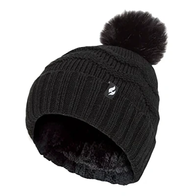 Abbildung von HEAT HOLDERS Damen Winter Pelz Mütze Zickzack gemusterte Bommelmütze mit Thermomanschette für (Einheitsgröße, Schwarz)