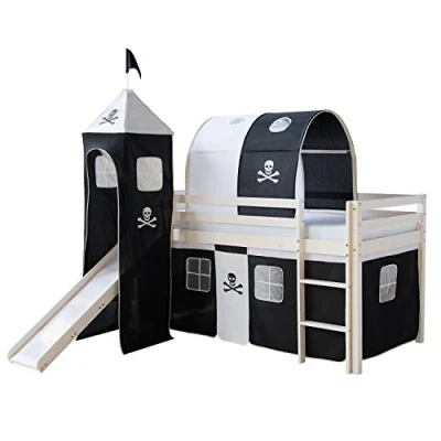 Abbildung von Homestyle4u 522, Kinder Hochbett Mit Rutsche, Leiter, Turm, Tunnel, Vorhang Pirat Schwarz, Massivholz Weiß, 90x200 cm