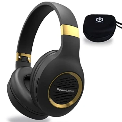 Abbildung von PowerLocus Bluetooth Kopfhörer Over Ear, Kabellose Faltbarer mit Mikrofon,Hi Fi Stereo tiefer Bass,weicher Ohrenschützer kabelloses &amp; kabelgebundenes Headset für Handy,Tablet,PC Schwarz/Gold