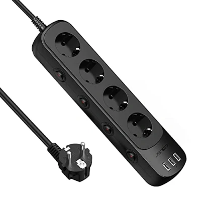 Abbildung von JSVER Steckdosenleiste Einzeln Schaltbar 4 Fach Mehrfachsteckdosen(3680W 16A) mit 3 USB Ladefunktion Verteilersteckdose Schalter für Smartphones Tablets 1,5m Schwarz