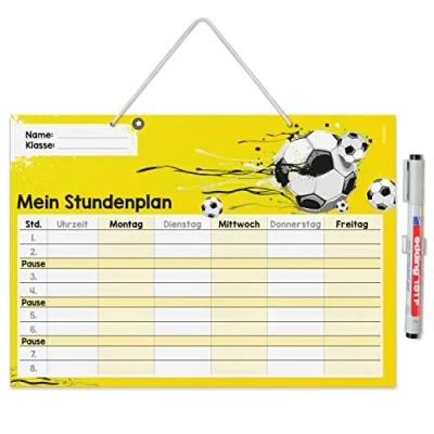 Abbildung von younikat Stundenplan abwischbar zum aufhängen I Fußball gelb inkl. Stift wiederbeschreibbar Grundschule Jungen Mädchen dv985