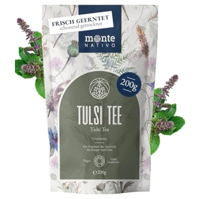 Abbildung von Tulsi Tee Monte Nativo (200 g) kraut schonend getrocknet zur jeder Zeit 100% rein und natürlich Holy Basil Ayurveda Kräuter als Kräutertee oder Geschenk Früchtetee