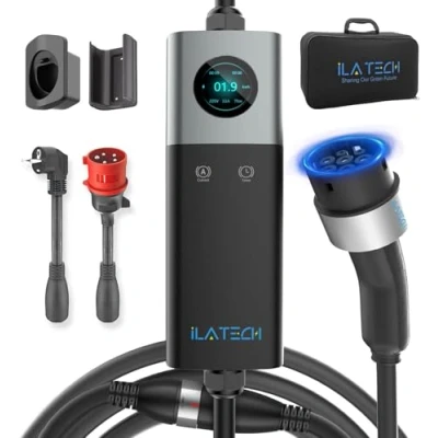Abbildung von iLa Tech Mobile Wallbox 22kW, EV Ladegerät 32A für PHEV mit Typ 2 Ladekabel 5M, LCD Display, IP66 Wasserdicht Kabelhalterung Aufbewahrungstasche und Adapter CEE Rot 3 Phasig + EU Schuko 16A