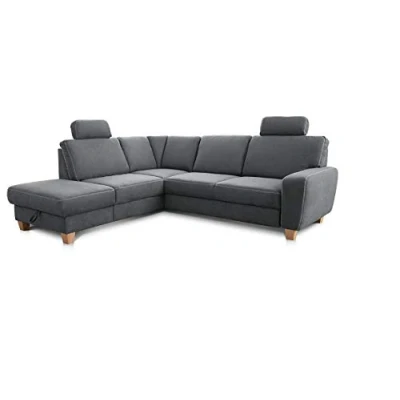 Abbildung von Cavadore Ecksofa Wisconsin mit Bettfunktion / Schlafsofa Federkern Inkl. 2 Kopfstützen + Stauraum Landhausstil Holzfüße in Buche Mikrofaser Größe: 248 x 88 215 cm (BxHxT) Farbe: Grau