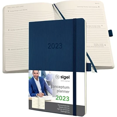 Abbildung von SIGEL C2332 Terminplaner Wochenkalender 2023 ca. A5 dunkelblau Softcover 192 Seiten Gummiband, Stiftschlaufe, Archivtasche PEFC zertifiziert Conceptum