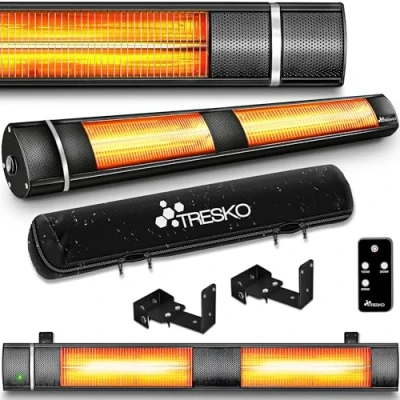 Abbildung von TRESKO Infrarot Heizstrahler 3000W mit Fernbedienung Wärmestrahler Terrasse elektrisch 3 Heizstufen Terrassenstrahler Innen &amp; Außen Wand Infrarotstrahler Wickeltischstrahler