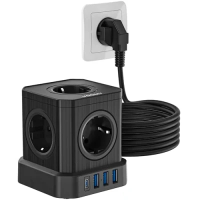 Abbildung von Voomy 9 Fach Steckdosenleiste USB C, Verlängerungskabel 5m, Mehrfachsteckdose mit 3 und 1 USBC (20W), 4000W Mehrfachsteckdosen Schalter, Überspannungsschutz, Steckdosenwürfel