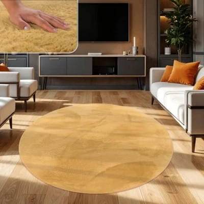 Abbildung von TT Home Wohnzimmer Teppich Hochflor Langflor Kunstfell Weich Modern Unifarben Flauschig, Farbe: Gelb, Größe:120 cm Rund