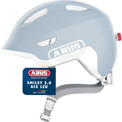 Abbildung von ABUS Kinderhelm Smiley 3.0 LED Fahrradhelm mit Licht Tiefe Passform &amp; Platz für einen Zopf Mädchen und Jungs Pure Aqua, Größe M