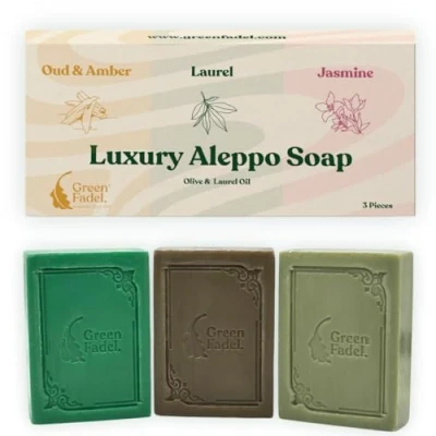 Abbildung von GREEN FADEL (Luxury) Aleppo Seife Original 3er Set, Lorbeer, Oud &amp; Amber, Jasmin, Olivenöl Lorbeeröl, Olivenölseife, Naturseife, Luxury Soap, für Gesicht Körper