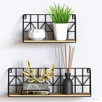 Abbildung von Gadgy Wandregal Metall Schwarz Set 2 Hängeregal Groß Klein Küchenregal Wand Badezimmer Regal Gitter Schwarzes Holzregal Regalbrett Deko Schlafzimmer Hänge