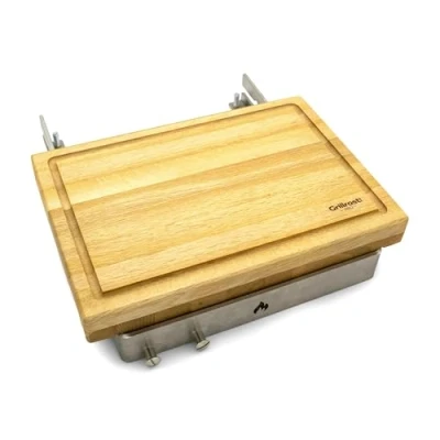 Abbildung von Grillrost.com Das Original Bretthalter für alle Feuerplatten mit 3 12mm Stärke Buchenholz und Edelstahl Made in Germany
