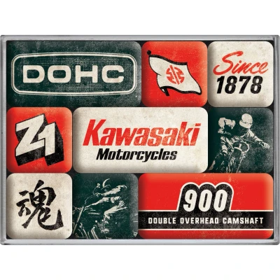 Abbildung von Nostalgic Art Retro Kühlschrank Magnete, 9 Stück, Kawasaki Motorcycles Since 1878 Geschenk Idee für Biker, Magnetset Magnettafel, Vintage Design