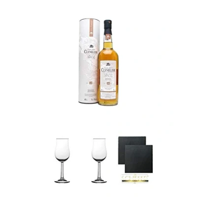 Abbildung von Clynelish 14 Jahre Single Malt Whisky 0,2 Liter + 2 Bugatti Nosing Gläser mit Eichstrich 2cl und 4cl Schiefer Glasuntersetzer eckig ca. 9,5 cm Ø