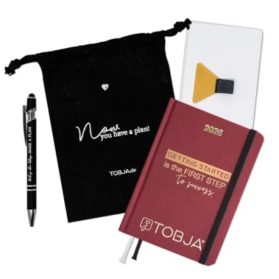 Abbildung von TOBJA Taschenkalender 2025 A6 rot inkl. Zubehör Set, Terminplaner mit Froschtasche, Stift, Pen Loop und Beutel