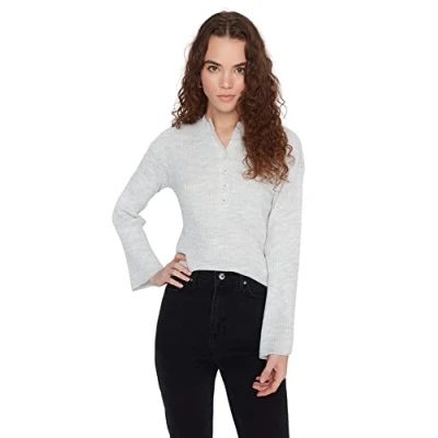 Abbildung von TRENDYOL Damen Women Regular Fit Basic Crew Neck Knitwear Sweater Pullover, Grau, S