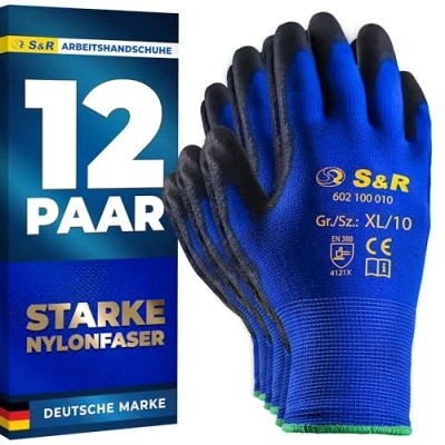 Abbildung von S&amp;R Arbeitshandschuhe 12 Paar aus Nylonfaser mit Polyurethanbeschichtung (Set, 24 St., XL / 10) geeignet für den privaten und gewerblichen Gebrauch