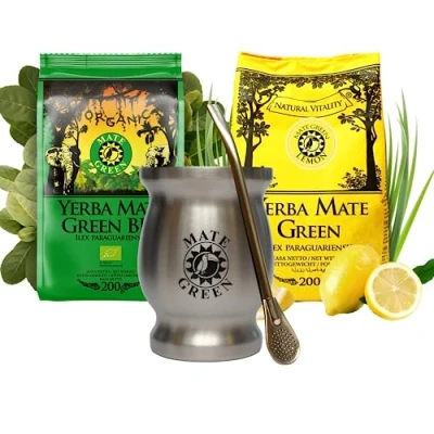 Abbildung von Mate Tee Set &#039;MATE GREEN&#039; mit StahlTassen Yerba Zitrone 200g BIO loose leaf Edelstahl matebecher Termomate Silver 220ml Stahl Trinkhalm Bombilla 19cm