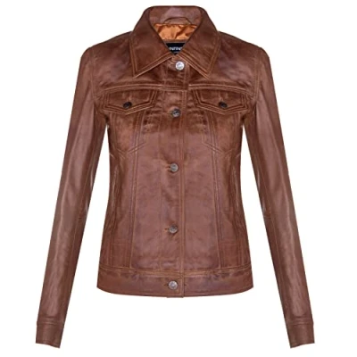 Abbildung von Infinity Leather Damen Leder Bräunen Trucker Classic Western Lässige Jeansjacke