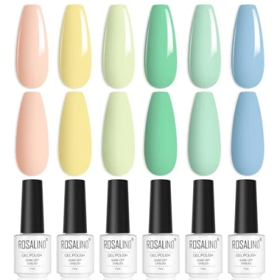 Abbildung von ROSALIND UV Nagellack, Makronen Shellac 6 Farben Rosa Gelb Grün Blau Gel Nagellack Set Soak Off Nail Polish für Anfänger Art Salon DIY