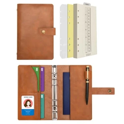 Abbildung von Wonderpool A6 Leder Notizbuch Nachfüllbares 6 Ringbuch Tagebuch Portfolio Gepunktetes Papier &amp; Innentaschen Organizer für Mann und Frau (Braun, A6)