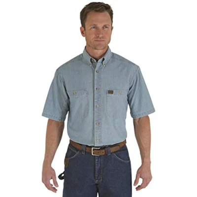 Abbildung von Wrangler Riggs Workwear Men&#039;s chambray work utility button down shirts, Light Blue, XXL Tall UK