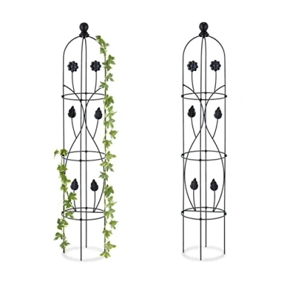Abbildung von Relaxdays Rankhilfe Obelisk, 2er Set, HxD: 103x20 cm, Ranksäule Kletterpflanzen, Metall, freistehend, Rosenturm, schwarz