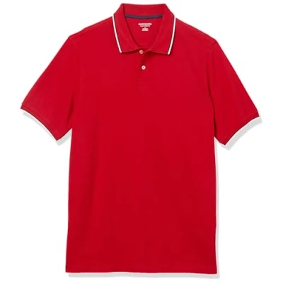 Abbildung von Amazon Essentials Herren Polohemd mit normaler Passform aus Baumwollpiqué (erhältlich in Big &amp; Tall), Rot Twin Stripe, L