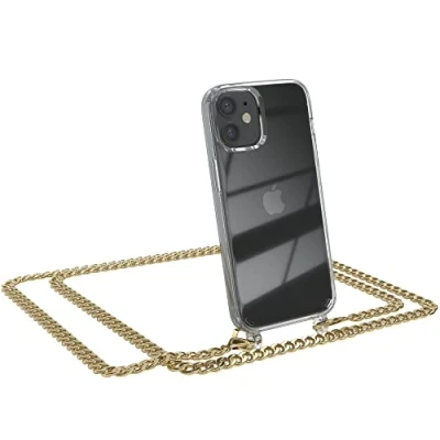 Abbildung von EAZY CASE Handykette kompatibel mit iPhone 12 Mini Handyhülle Metal Umhängeband und Ersatz Kordel schwarz, Handykordel Schutzhülle, Stylische Kette, Gold