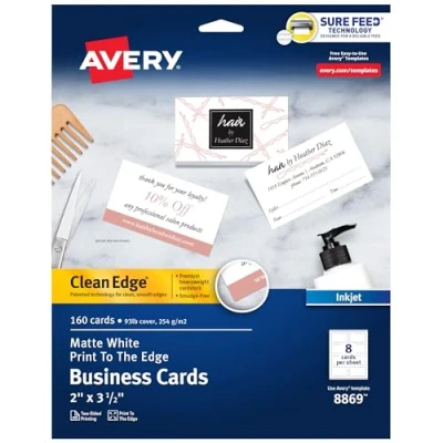 Abbildung von Avery Clean Edge bedruckbare Visitenkarten mit Sure Feed Technologie, 5,1 x 8,9 cm, weiß, 160 Blanko Karten für Tintenstrahldrucker (8869)
