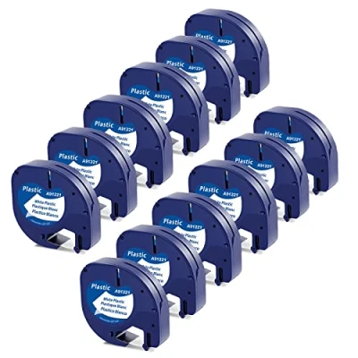 Abbildung von 12x Kompatibel mit Dymo Letratag Etikettenband 12mm x 4m White Plastic Schriftband Band 91221 S0721660, LT 100H 110T 100T XM, Schwarz auf Weiß