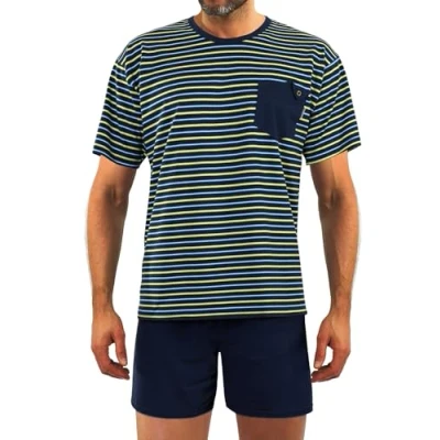 Abbildung von sesto senso Herren Schlafanzug Kurz Gestreift Pyjama Baumwolle Kurzarm T Shirt Pyjamahose Zweiteilig Set Grün Weiß M 05 K67L