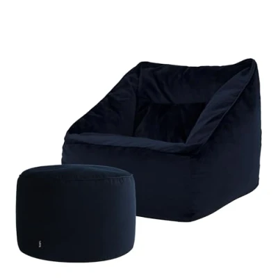 Abbildung von Icon Natalia Sitzsack Sessel mit Hocker, Dunkelblau, Samt, Riesen Sitzpuff, für Erwachsene Füllung, Wohnzimmer, Schlafzimmer