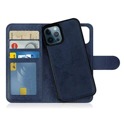 Abbildung von MyGadget Flip Case für iPhone 12 Pro [ abnehmbare Magnet Hülle ] Handyhülle aus Kunstleder Klapphülle mit Kartenfach Schutzhülle in Dunkelblau