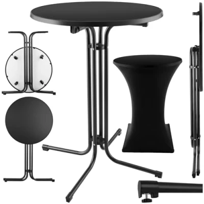 Abbildung von tectake® Gastro Stehtisch klappbar, Bistrotisch mit Husse, Tisch Ø80cm, MDF Tischplatte, Gartentisch Klapptisch, rund, Stahlgestell, stabil und robust schwarz