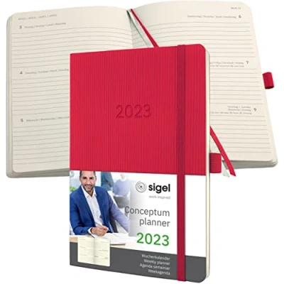 Abbildung von SIGEL C2334 Terminplaner Wochenkalender 2023 ca. A5 rot Softcover 192 Seiten Gummiband, Stiftschlaufe, Archivtasche PEFC zertifiziert Conceptum