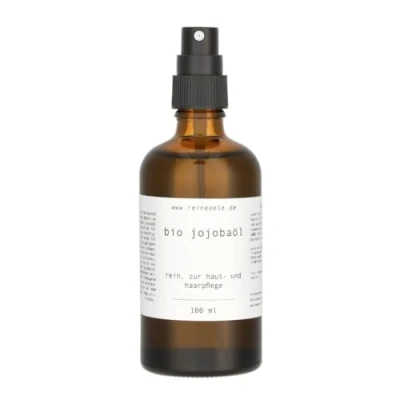 Abbildung von Jojobaöl kaltgepresst 100% rein bio goldgelb vegan Haut und Haarpflege 100 ml Glasflasche von reineoele