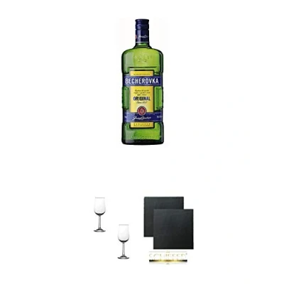 Abbildung von Becherovka Kräuterlikör aus Tschechien 0,7 Liter + Nosing Gläser Kelchglas Bugatti mit Eichstrich 2cl und 4cl 2 Stück Schiefer Glasuntersetzer eckig ca. 9,5 cm Ø