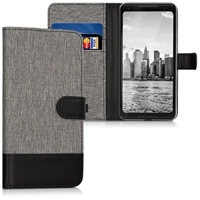 Abbildung von kwmobile Wallet Case kompatibel mit Google Pixel 2 XL Hülle Ständer Handyhülle Kartenfächer Grau Schwarz