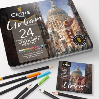 Abbildung von Castle Art Supplies 24 urbane Buntstifte Set für erwachsene Künstler ideale Skizzier , Mal Zeichnungsqualität, glatte Kerne überlegene Misch und Schichtleistung Ergebnisse