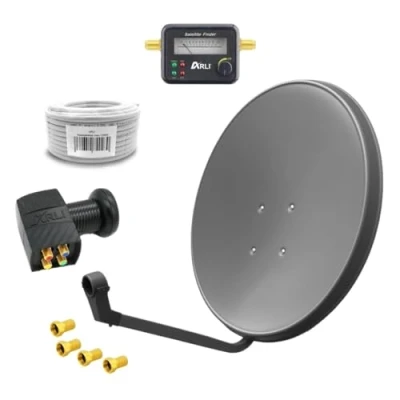 Abbildung von 60cm HD Sat Anlage Quad LNB + 10m Koaxialkabel 135dB Satfinder 4 F Stecker Digital Teilnehmer Antenne Grau UHD 4K