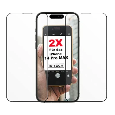 Abbildung von IS TECK 2X Full Panzer Screen Schutzglas für iPhone 14 Pro Max 6,7 Zoll, 9H Glas Displayschutz, HD Klar Komplett Schutz mit schwarzem Rand