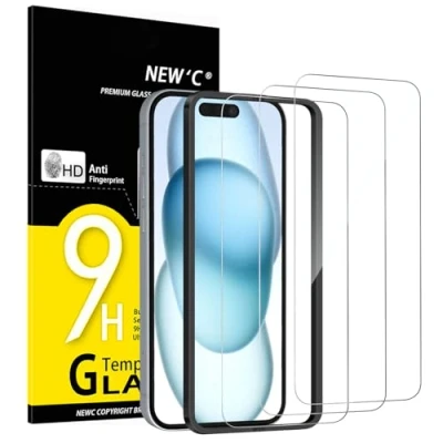 Abbildung von NEW&#039;C 3 Stück, Panzer Schutz Glas für iPhone 16,15 (6,1 Zoll), Frei von Kratzern, 9H Härte, HD Displayschutzfolie, Ultra klar, Ultrabeständig Einfaches Installationswerkzeug enthalten