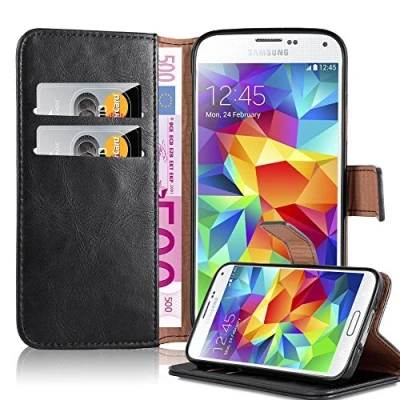 Abbildung von Cadorabo Hülle kompatibel mit Samsung Galaxy S5 / NEO aus Kunst Leder Flip Klappbare Stoßfeste Magnetische [Standfunktion] [Kartenfächern] Cover für Tasche in Schwarz