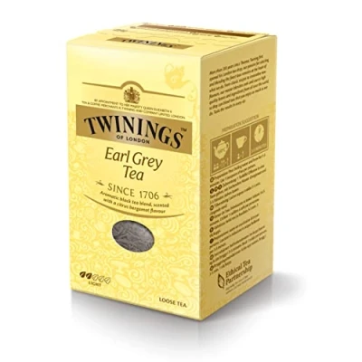 Abbildung von Twinings Earl Grey Tee lose in der Packung Schwarzer mit feinstem Bergamotte Aroma erfrischender Schwarztee aus China, 200 g