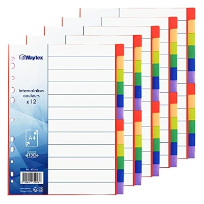 Abbildung von WAYTEX 931348C5 A4 12 Registerkarten Polypropylen Trennblätter helle Farben mit Register (5 Stück)