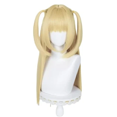Abbildung von PWEINCY Lange Gloden Pferdeschwanz Misa Amane Cosplay Perücke mit Pony für Damen, Halloween Kostüm