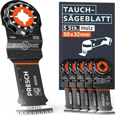 Abbildung von Presch Multitool Sägeblätter Holz 50x32mm 5 Stk. Starlock für werkzeuglosen Wechsel Saubere, exakte Schnitte dank Japan Verzahnung &amp; Curved Tec Design Präzise Tauchsägeblätter